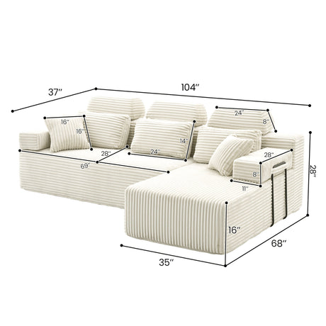 Sectional Sleeper Sofa & Storage Pockets, Modular Couch With Throw Pillows For Living Room