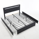 Upholstered Bed Frame With LED Lights, 4 Storage Drawers, Charging Station