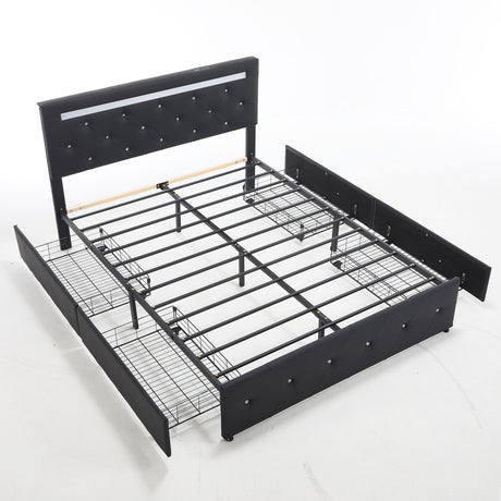 Upholstered Bed Frame With LED Lights, 4 Storage Drawers, Charging Station