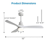 52" Blade Ceiling Fan With Remote Controlled LED Light And Quiet DC Motor - White
