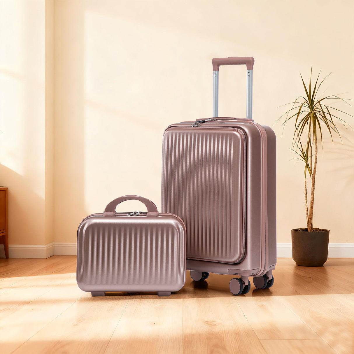 Luggage Set With Cosmetic Case, Combination Lock, Front Opening Design