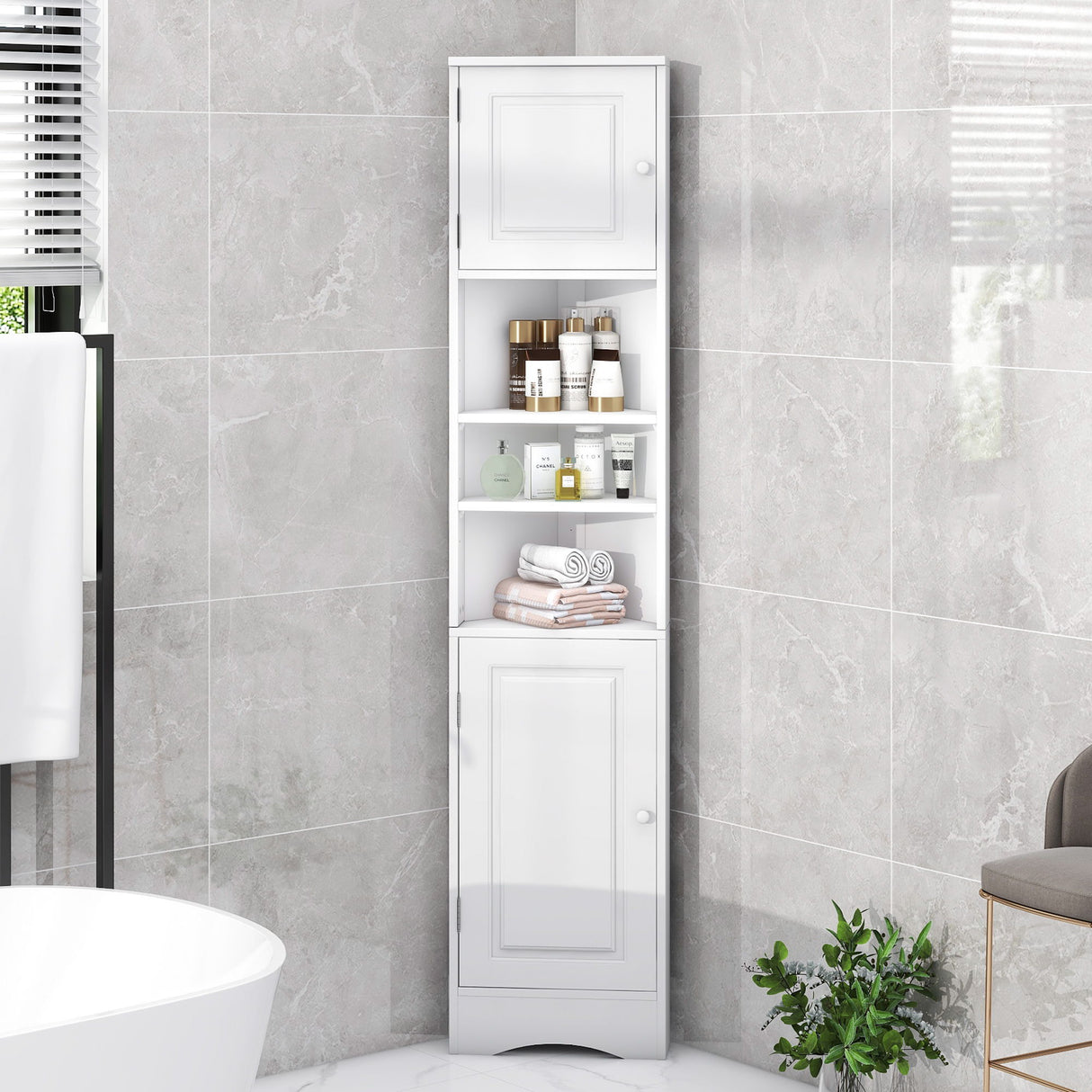 Multi Functional Corner Cabinet With Adjustable Shelves And 2 Doors