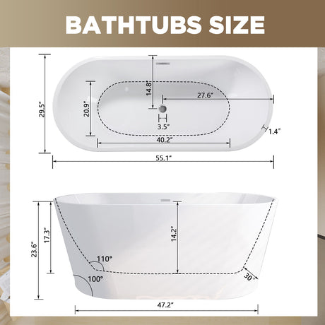 Glossy Freestanding Bathtub With Toe Tap Drain