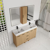 Double Sink Bathroom Vanity Set With Tall Linen Cabinet, 3 Drawers, Extra Large Storage, Integrated Sink, Freestanding Cabinet - Light Oak / White