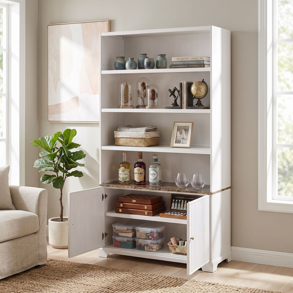 Tall Bookcase Storage Cabinet With 3 Open Shelves & Fluted Double Doors