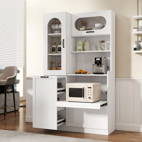 Tall Freestanding Kitchen Pantry Cabinet With Arched Glass Door