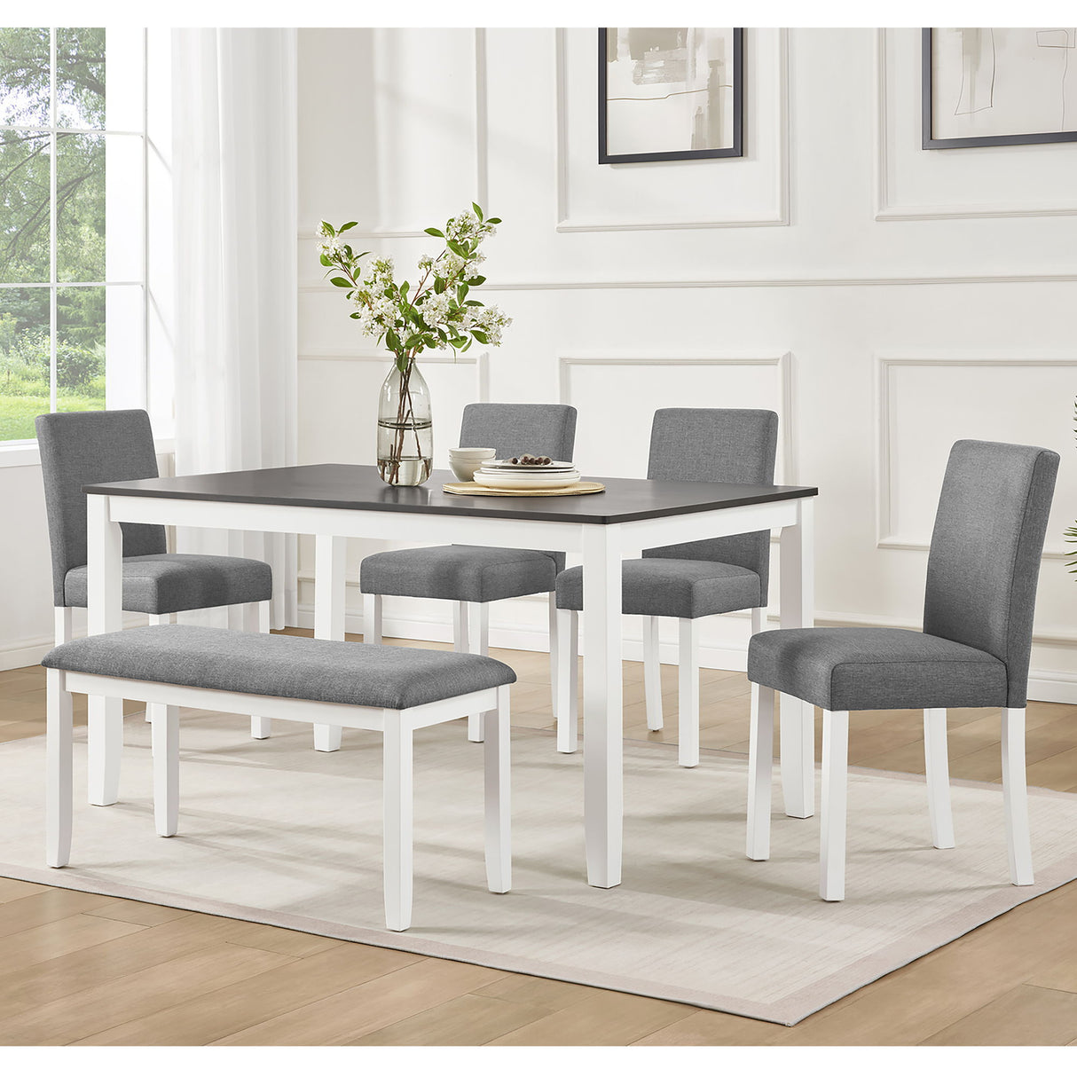 6 Piece Dining Table Set With Bench And Chairs