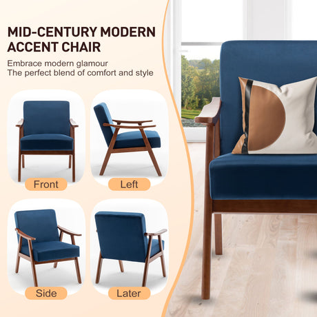 Mid Century Modern Accent Chair With Solid Wood Frame And Extra Thick Backrest