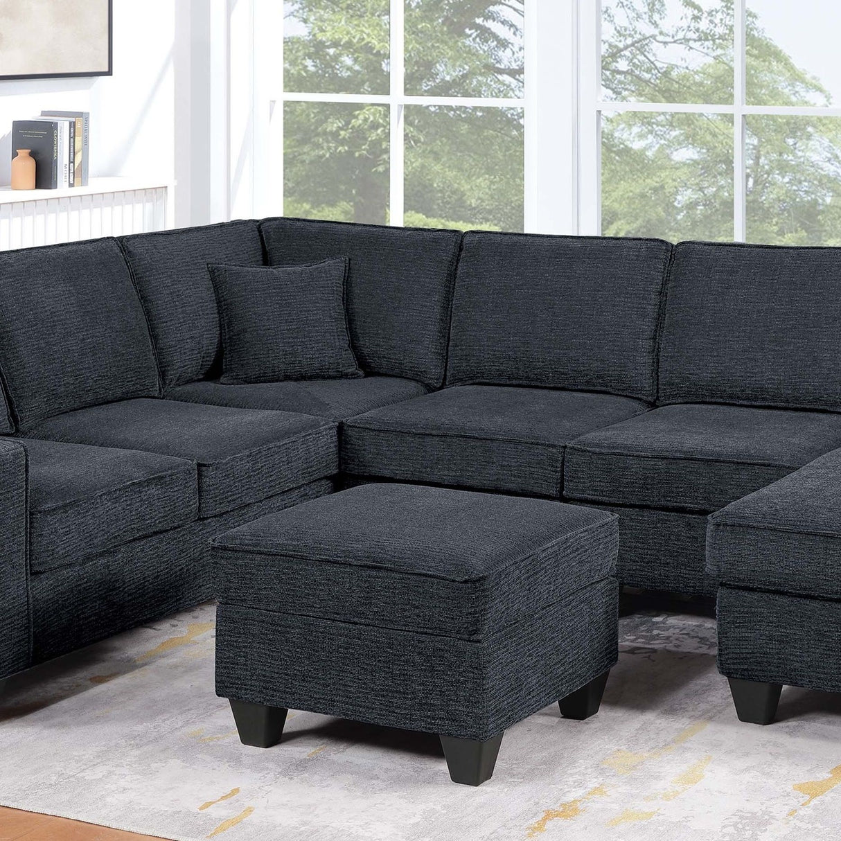 5 Piece Sectional Set With USB Port Left Arm Loveseat Chaise Right Arm Loveseat Corner Wedge Armless Chair Ottoman Upholstered - Black / Slate