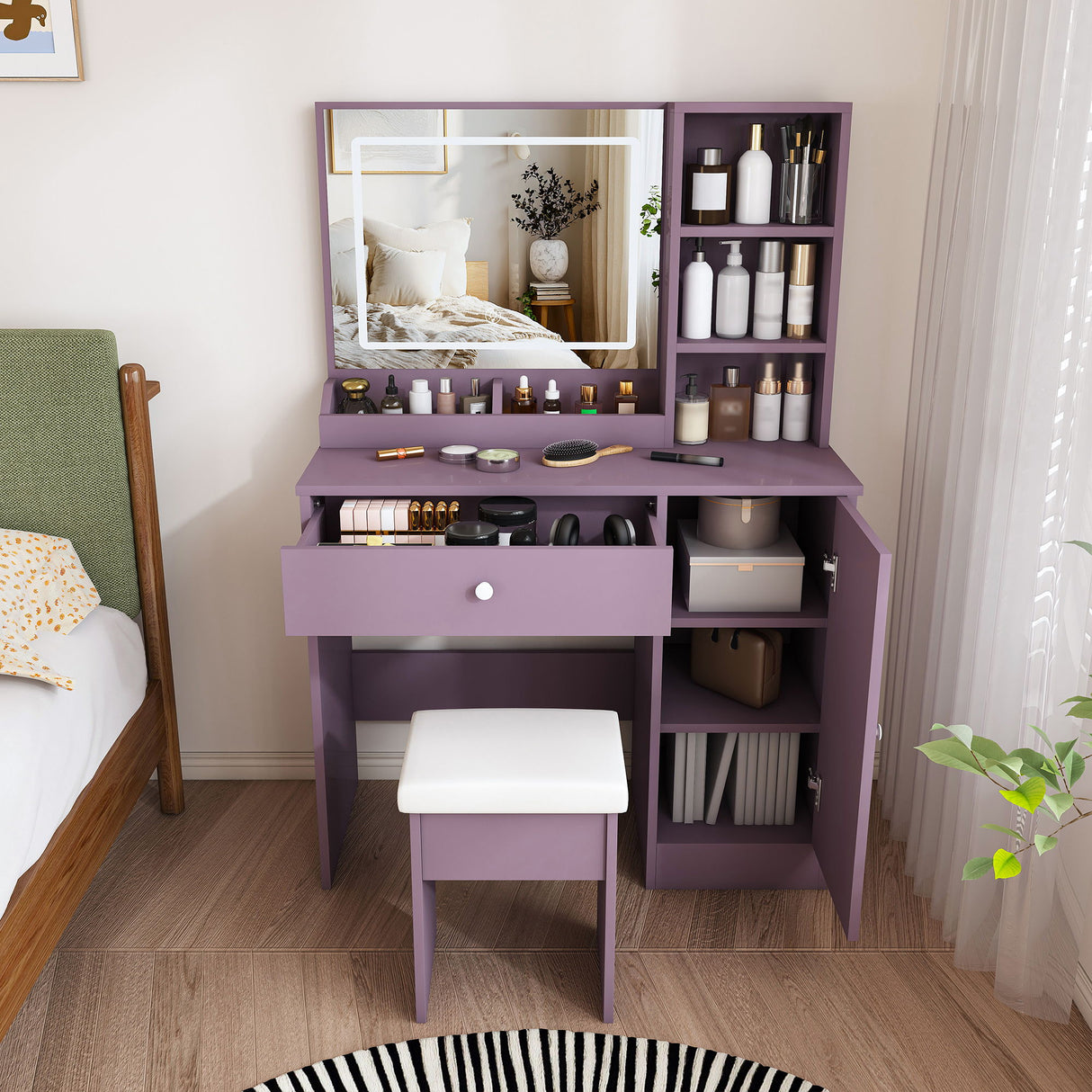 Vanity Desk Set With Padded Stool & Adjustable LED Mirror, 3 Color Mode Lighting, Compact For Bedroom - Purple
