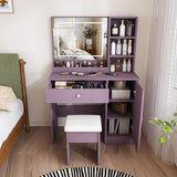Vanity Desk Set With Padded Stool & Adjustable LED Mirror, 3 Color Mode Lighting, Compact For Bedroom - Purple
