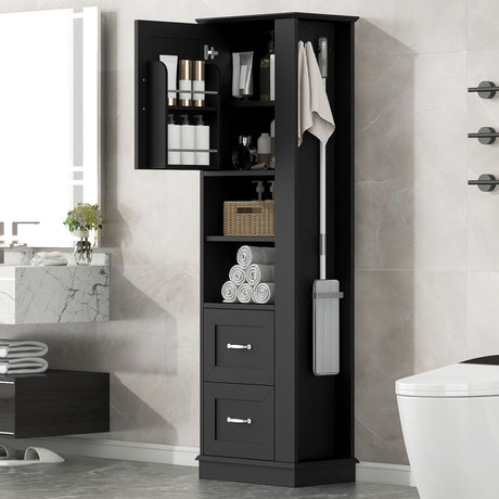 Freestanding Bathroom Storage Cabinet With Adjustable Shelves And Side Hooks Board, Rectangle Design