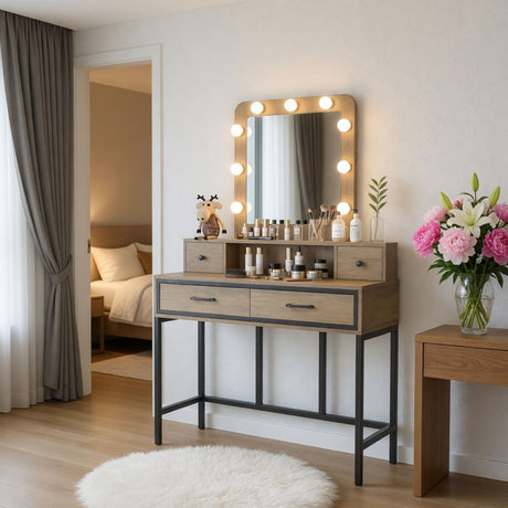Vanity Desk With 3 Color Lighted Mirror And 4 Drawers