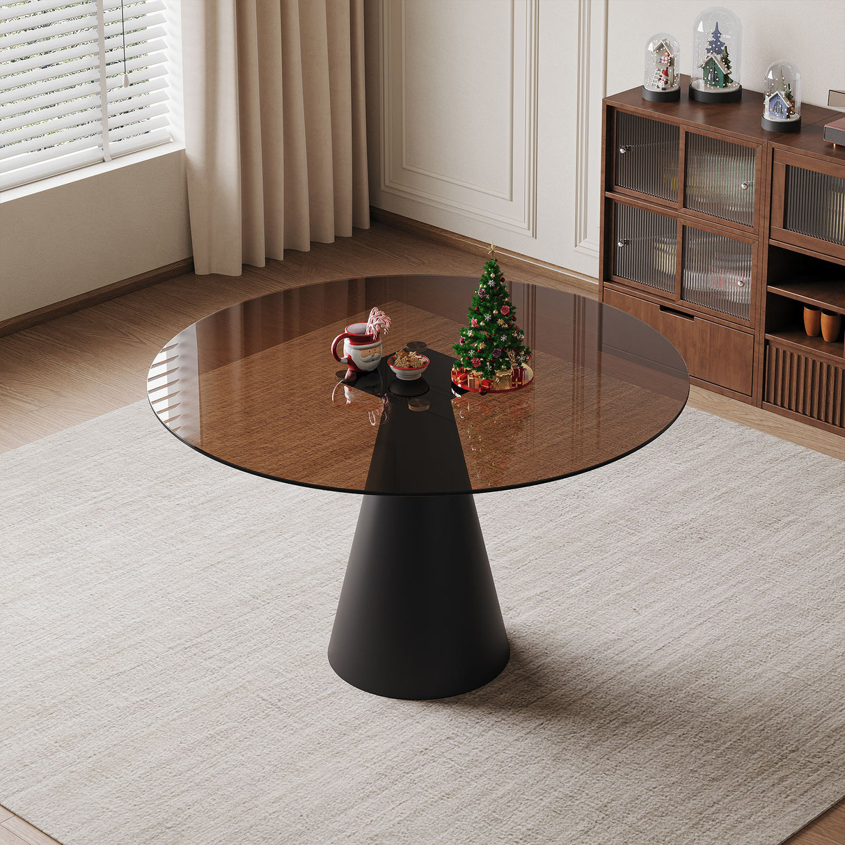 Round Dining Table & Tempered Glass Top - Black / Brown