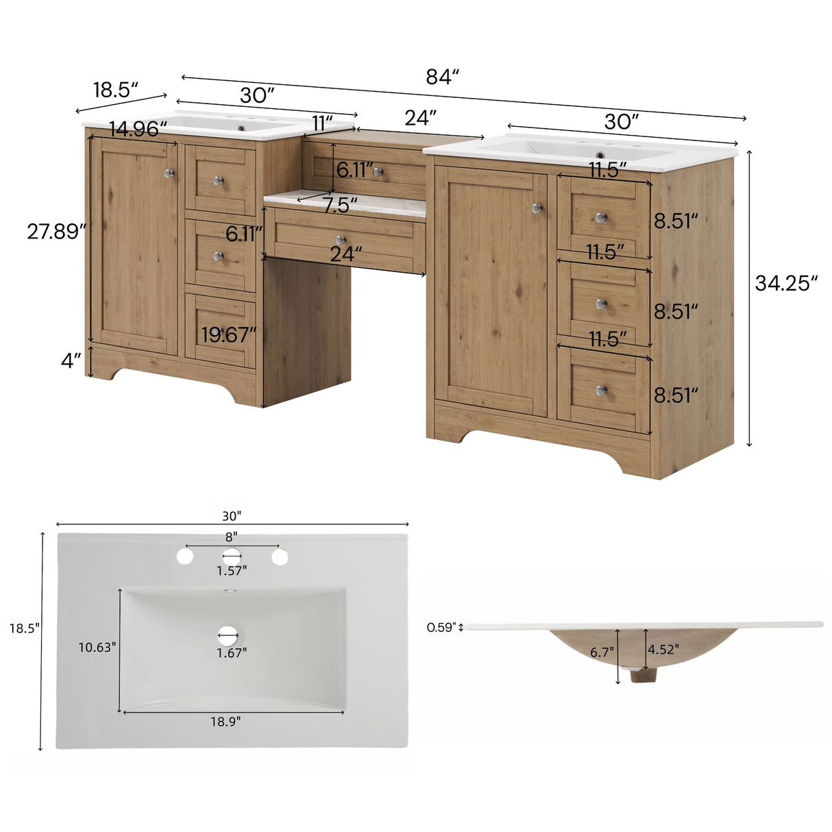 Double Sink Bathroom Vanity With Countertop, 2 Ceramic Sinks, 6 Drawers, Soft Close Design