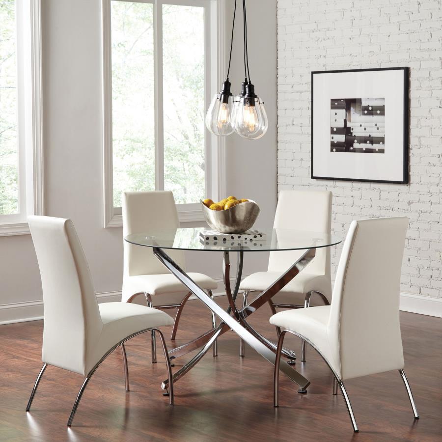 Beckham 5-piece Round Glass Top Dining Set Chrome and White - 106440-S5