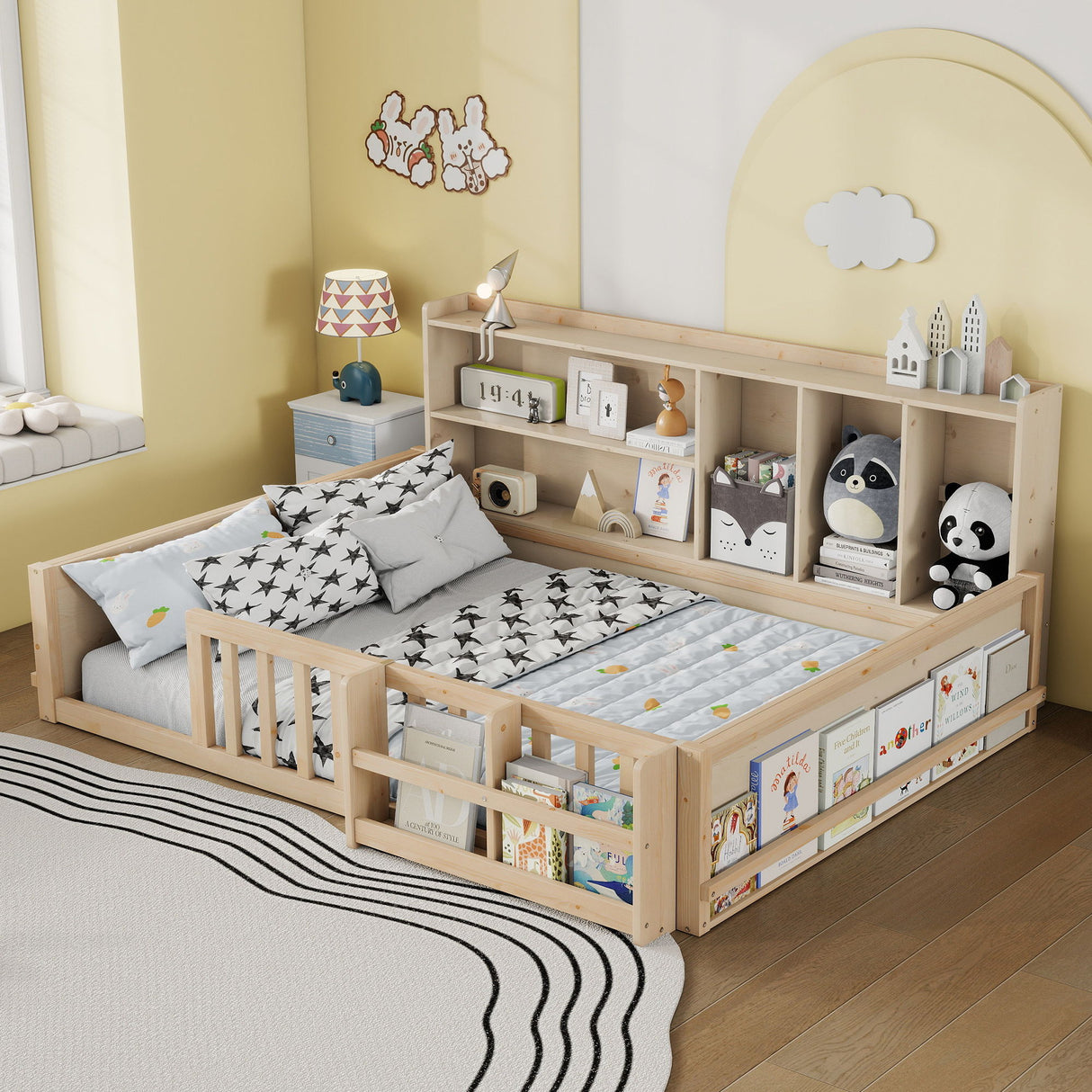 Platform Bed Frame With Guardrail, Storage Shelves & Bookshelf