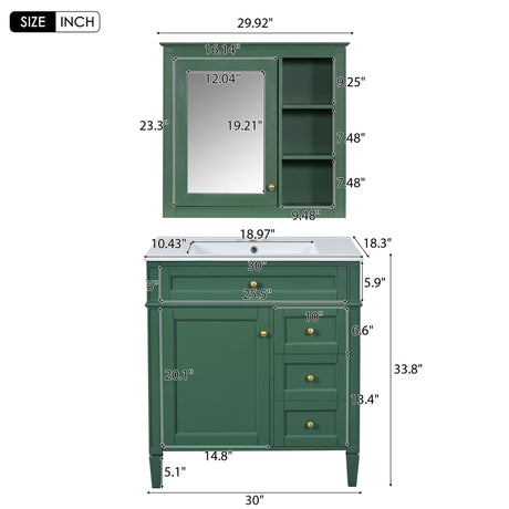 Bathroom Vanity With Top Sink, 2 Doors And 3 Drawers, Freestanding Set With Mirror Cabinet