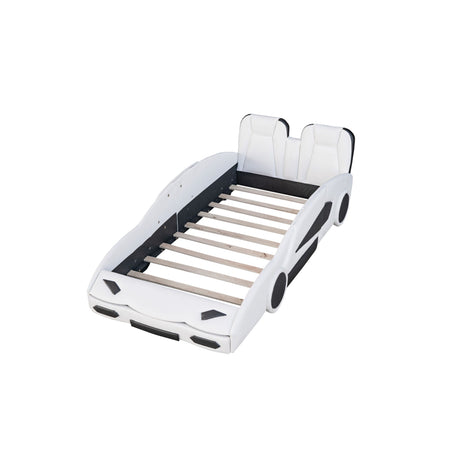 Race Car Shaped Twin Platform Bed With Wheels, Pine Wood Construction
