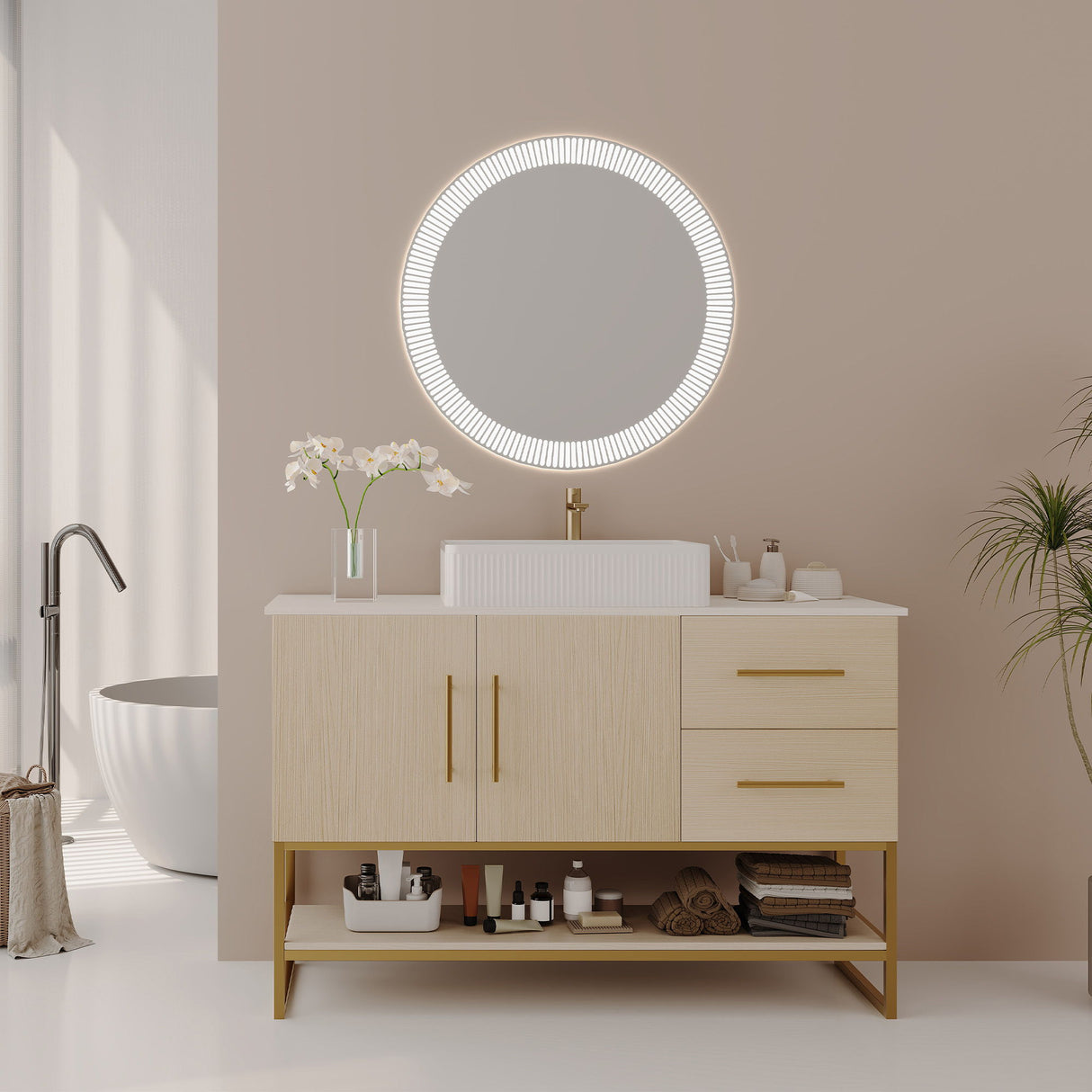 Bathroom Vanity With Vessel Sink Accent Free Standing Cabinet - Ameican White Oak / Gold / White