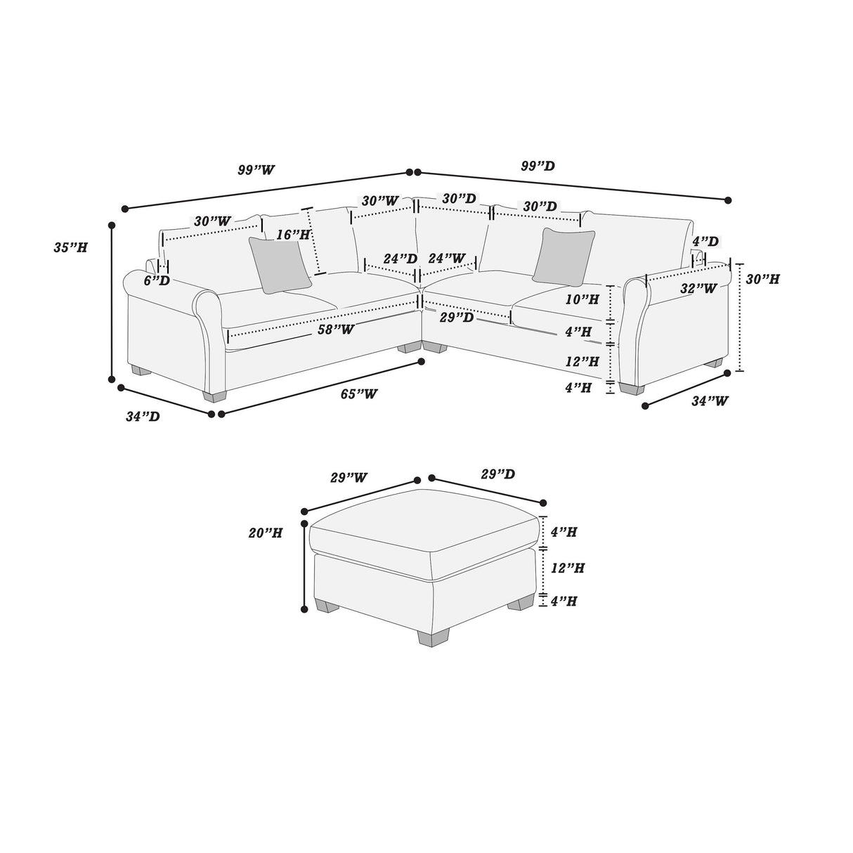 Modern Sectional Set With Corner Wedge, Loveseat, Ottoman & 2 Pillows
