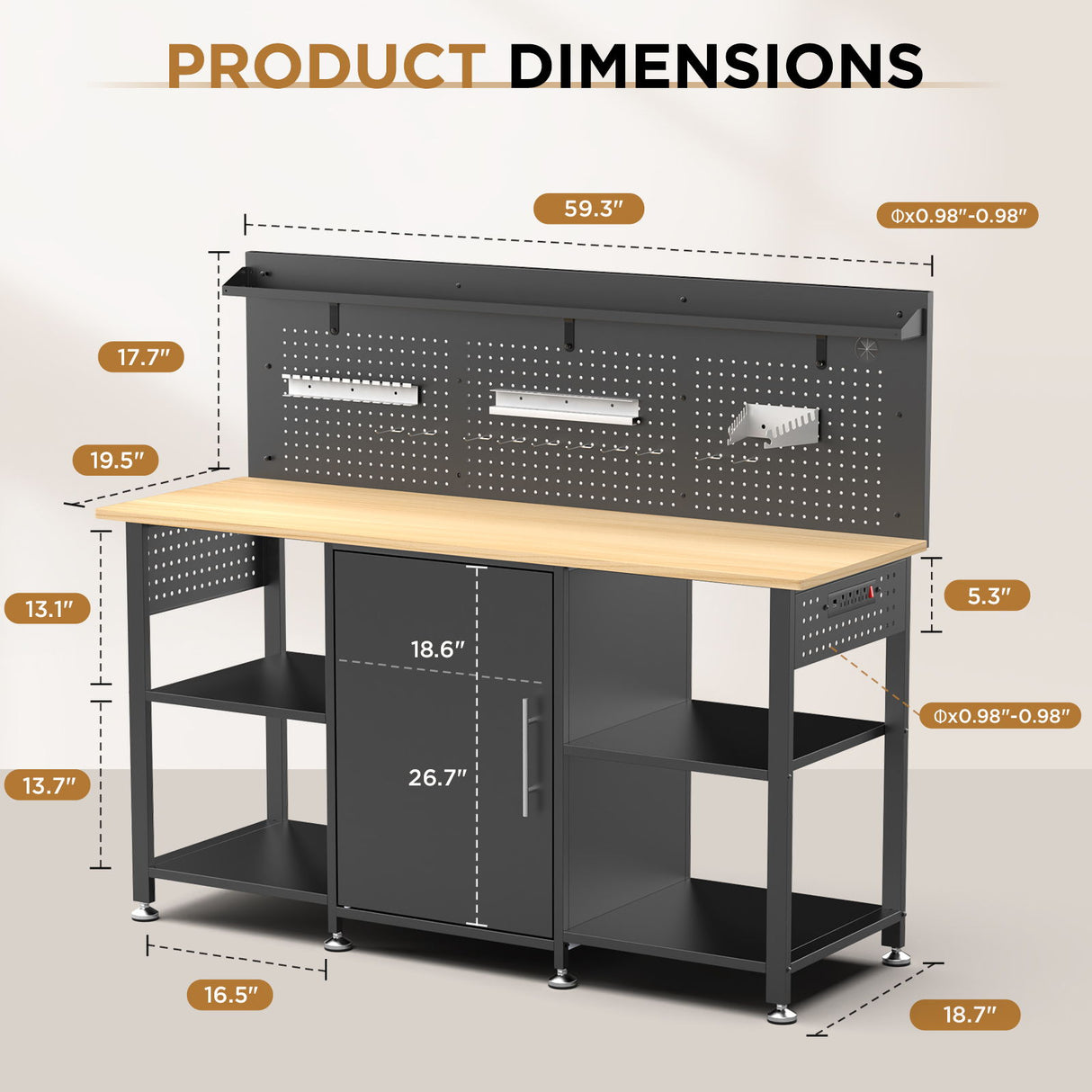 Workbench With Storage Cabinet And Pegboard - Black