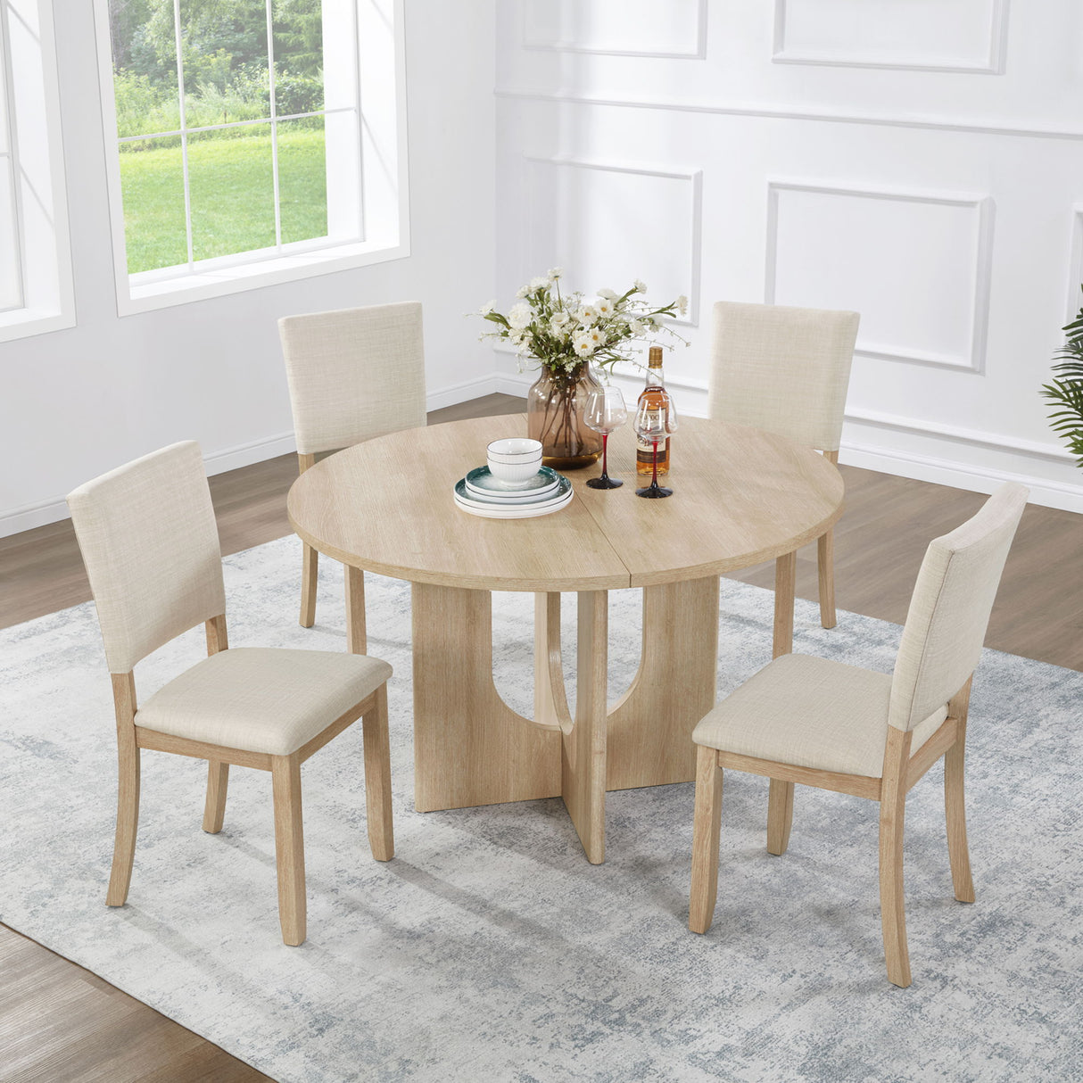 Round Dining Set With 4 Upholstered Dining Chairs