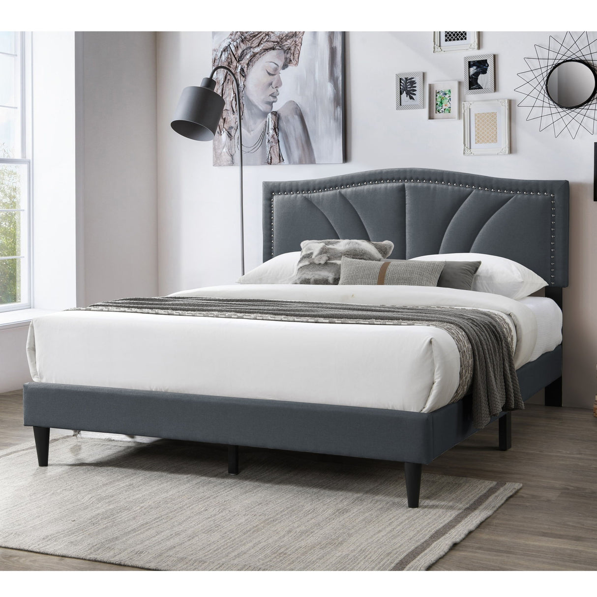 Bed With Nailhead Trim Accents, Upholstered Platform Frame