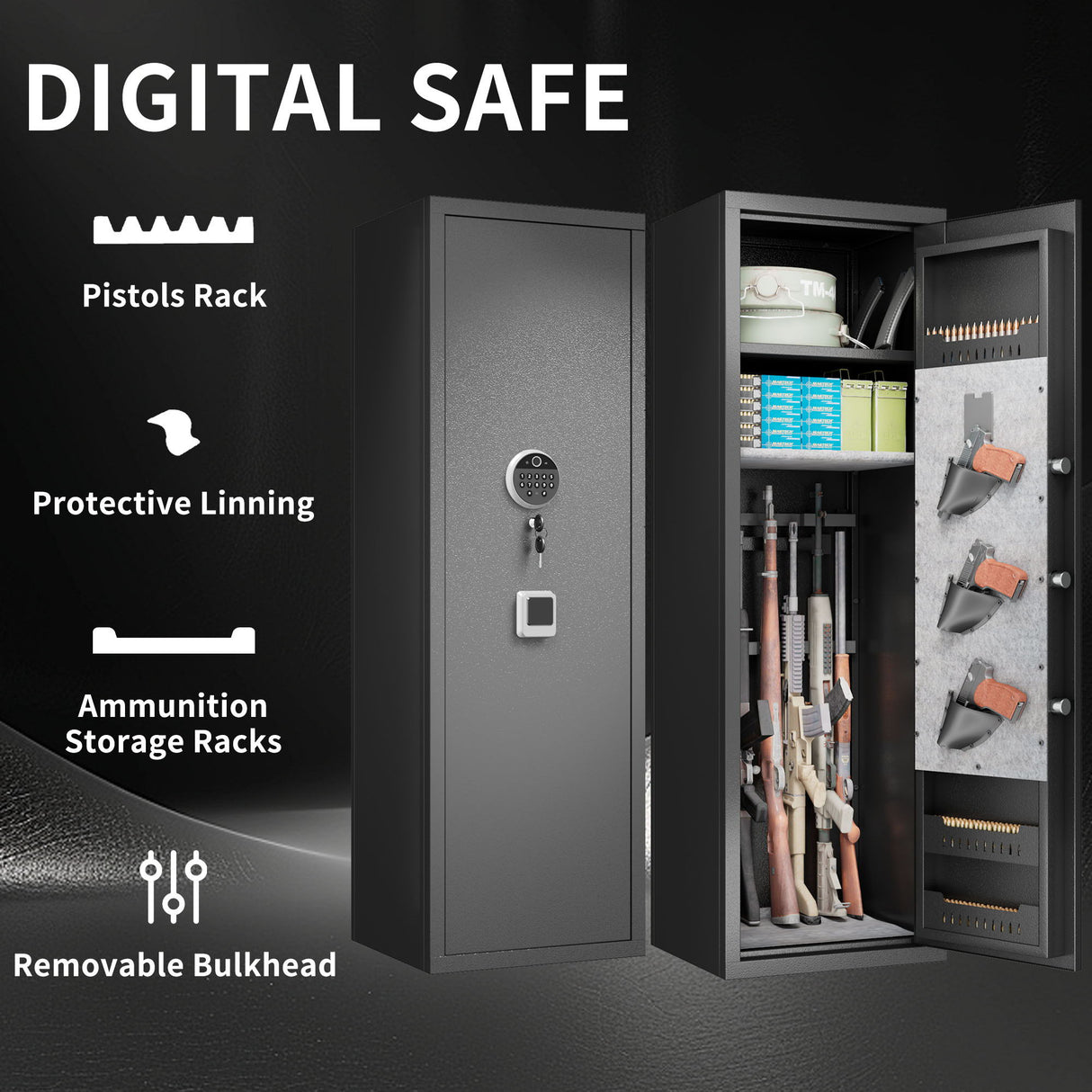 Rifle Safe, Biometric & Keypad Lock, Adjustable Gun Racks With Built In Alarm System