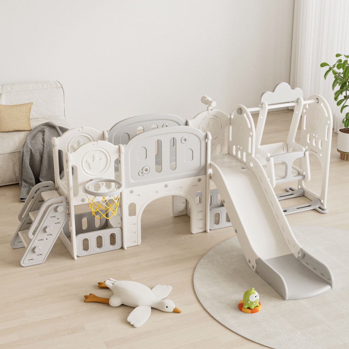 Toddler Slide, 11 In 1 Indoor Outdoor Playground With Basketball Hoop - Gray / Ivory
