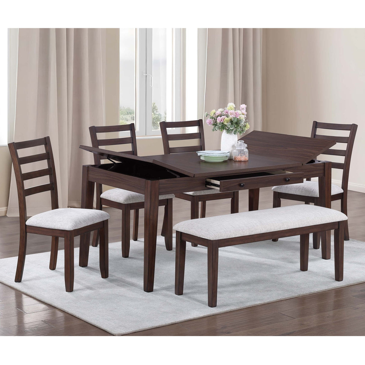 6 Piece Dining Set Table With Storage Ladder Back Chairs And Bench - Walnut