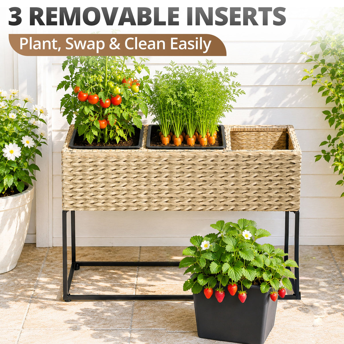 Solhome - Planter Box, 3 Removable Inserts, Indoor / Outdoor - Light Brown