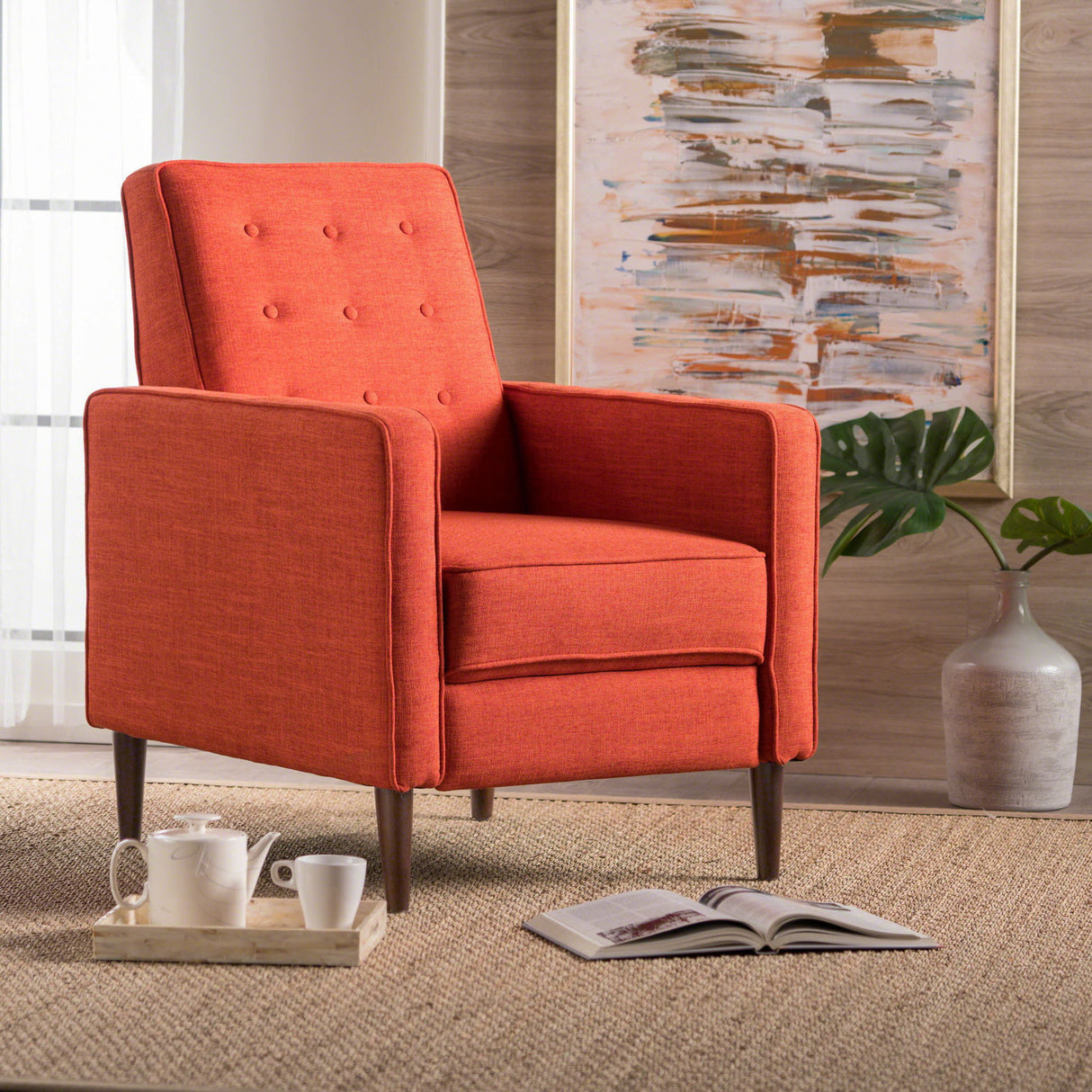 Mid-Century Modern Recliner With Button Tufted Waffle Stitch