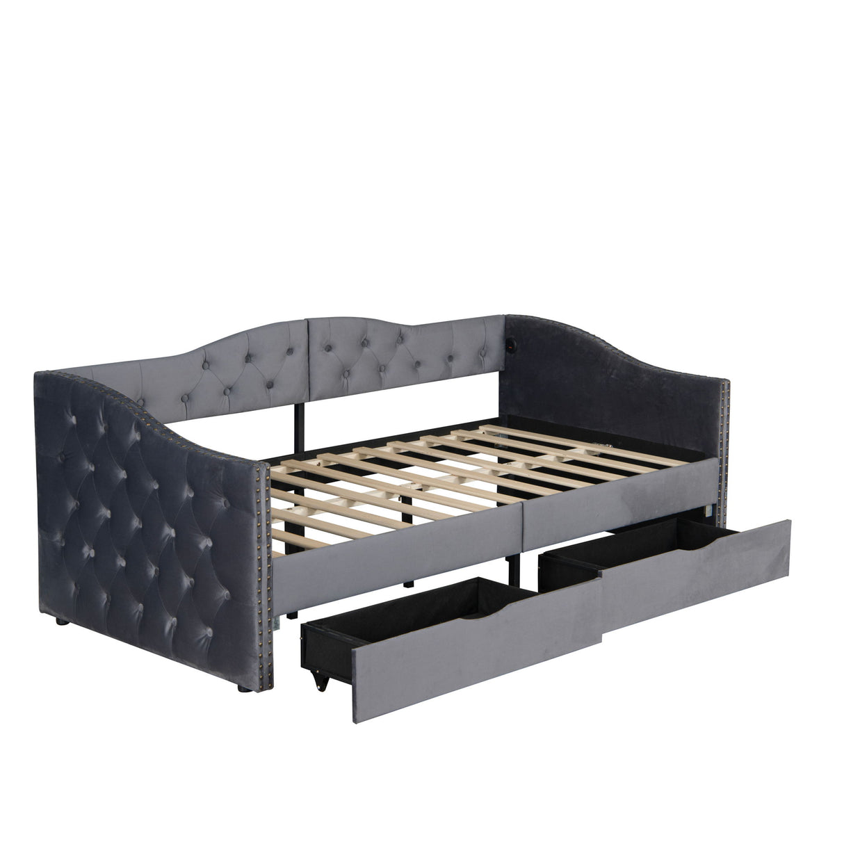 Full Size Bed Frame, Upholstered Cloud Bed Frame With Headboard, 2 Storage Drawers And 2 USB Charging Design, No Box Spring Needed - Gray