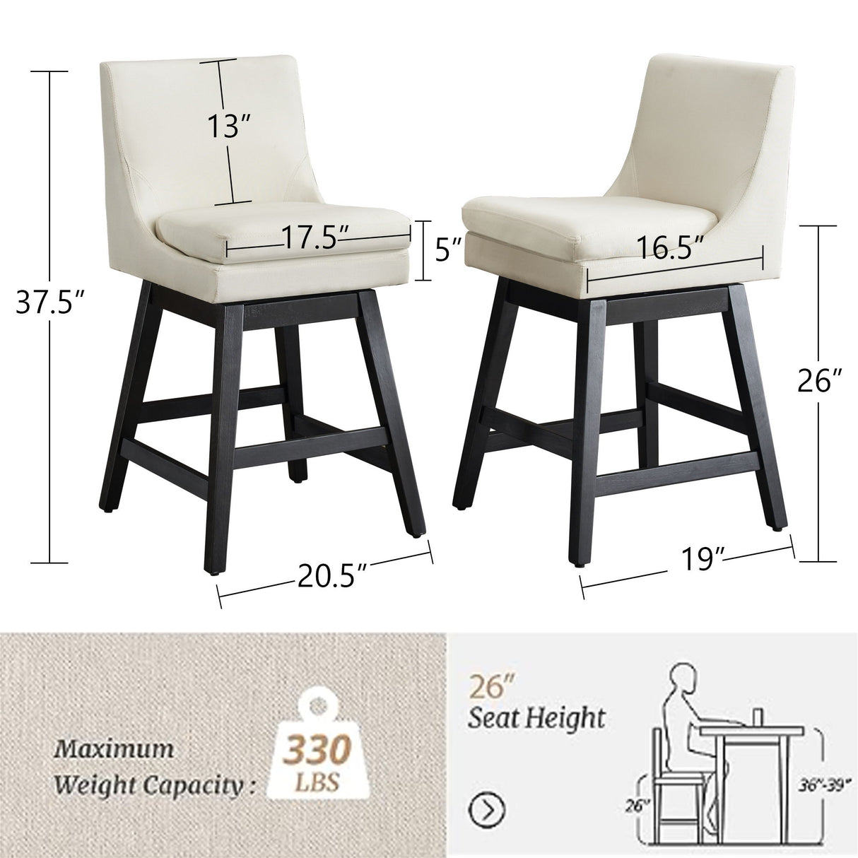 Upholstered Swivel Bar Stools With Ergonomic Design (Set of 2) - Cream White