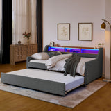 Upholstered Sofa Bed With LED Lights, Storage Headboard, Foldable Trundle & Wireless Charging