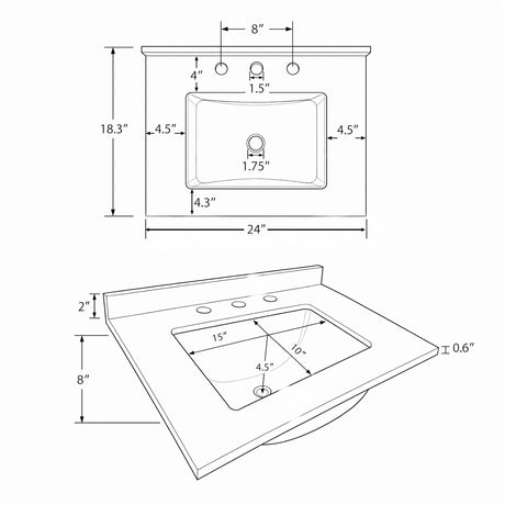 Basin Sink, 0.6" Ultra Thin Profile, Triple Faucet Holes