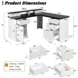 Fluted L-Shaped Desk With Charging Station & Storage Cabinet