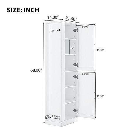 Tall Freestanding Bathroom Storage Cabinet With Adjustable Shelves And Side Hooks