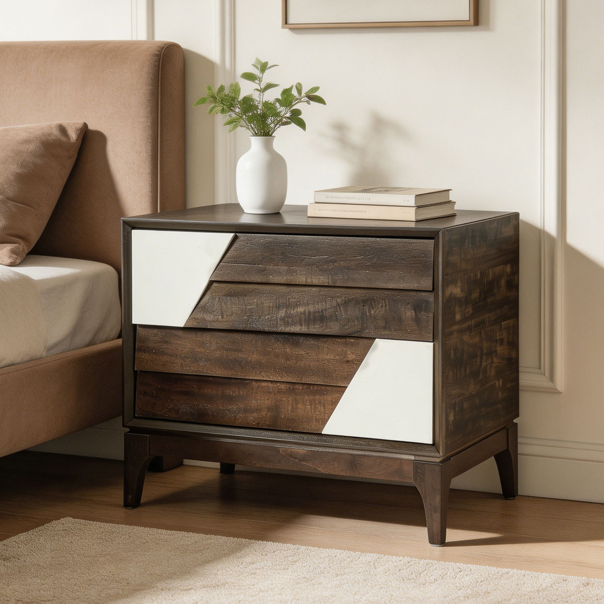 Japandi 2 Drawer Nightstand With Geometric Design