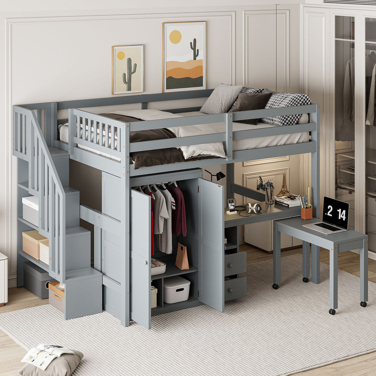 Loft Bed With Stairs, Bookshelf, Drawers, Desk & Wardrobe, Space Saving Multifunctional Furniture