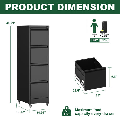 Drawer Metal Locking Vertical File Cabinet With Wheels Heavy Duty Lockable Storage