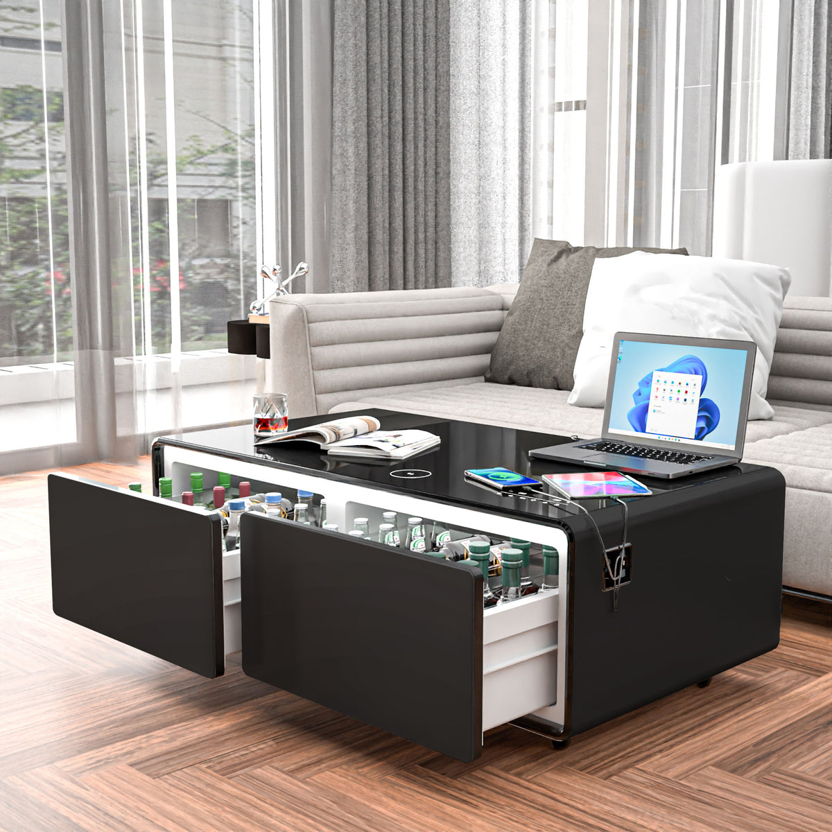 Modern Smart Coffee Table With Built-In Fridge, tooth Speaker, Wireless Charging Module, Touch Control Panel, Power Socket, USB Interface, Outlet Protection, Atmosphere Light