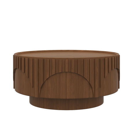 Round Fluted Drum Coffee Table With Sturdy Base For Living Room