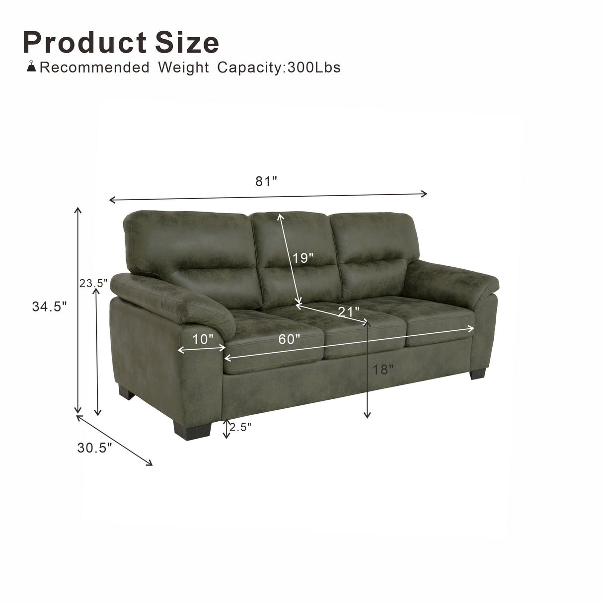 3 Seater Sofa With Padded Armrests And Triangular Leg
