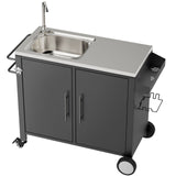 Outdoor Grill Table With Sink, Grill Cart With Sink And Cabinet With Wheels - Black / Silver