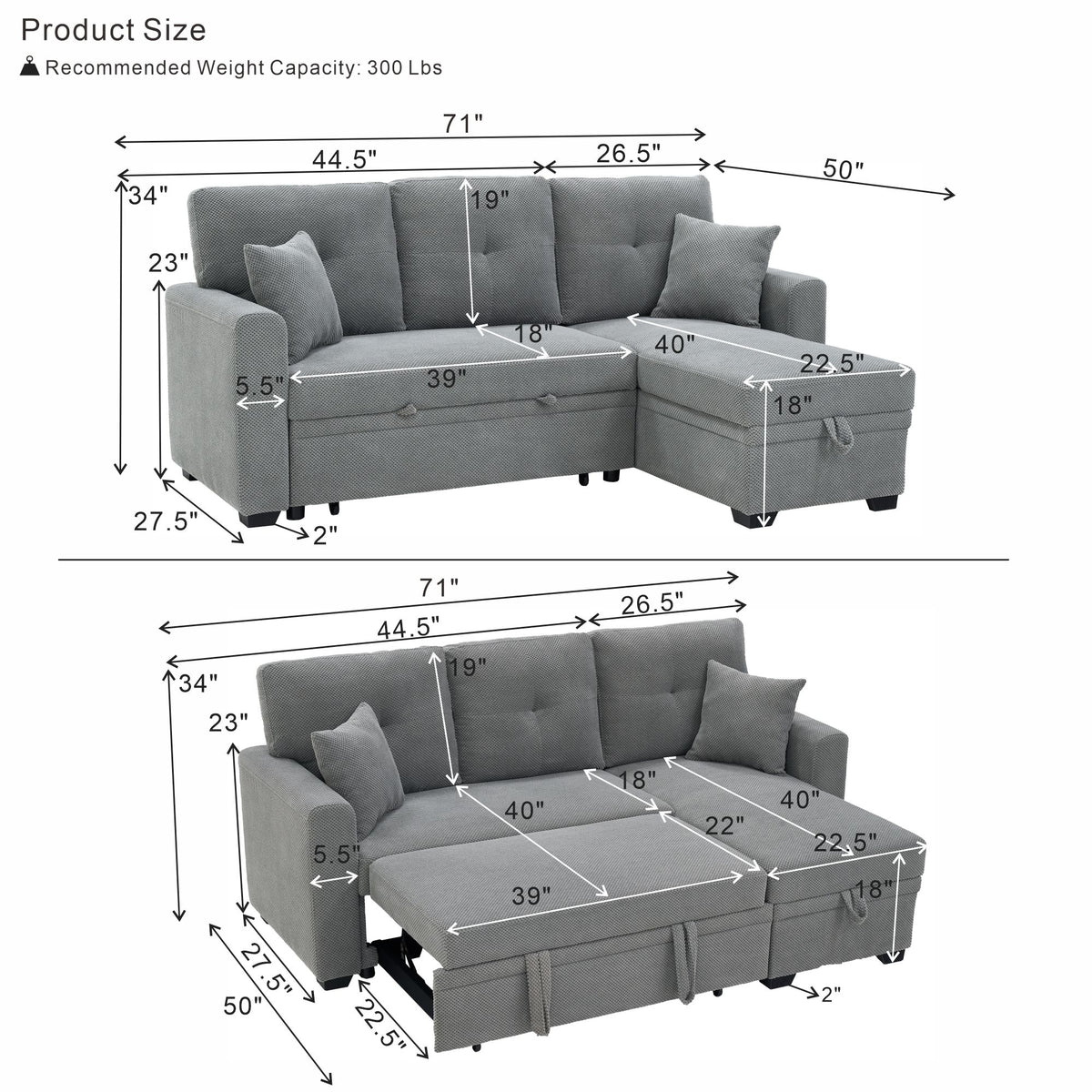 Sleeper Sectional Sofa With Pull Out Bed, Reversible Chaise, Hidden Storage