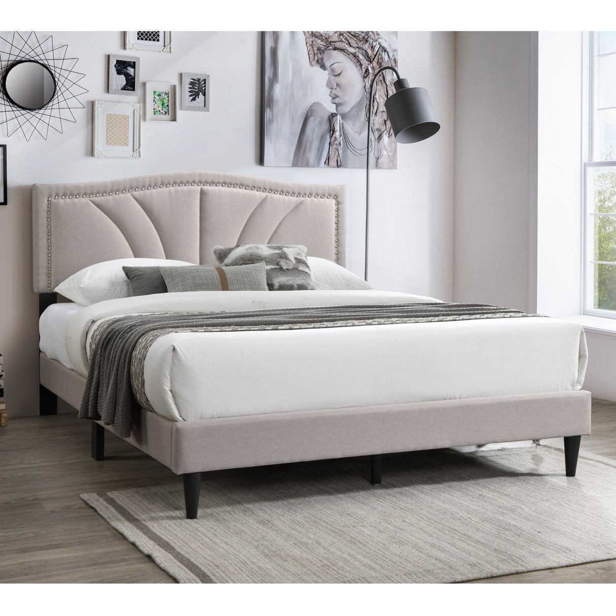 Bed With Nailhead Trim Accents, Upholstered Platform Frame