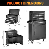 Tool Chest, 5 Drawer Rolling Tool Storage Cabinet With Detachable Top Tool Box, Liner, Universal Lockable Wheels, Adjustable Shelf, Locking Mechanism, Metal Tool Cart For Garage Workshop