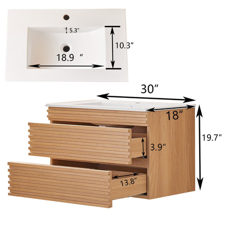 Wall Mounted & Floating Single Vanity With Ceramic Sink - Natural Walnut
